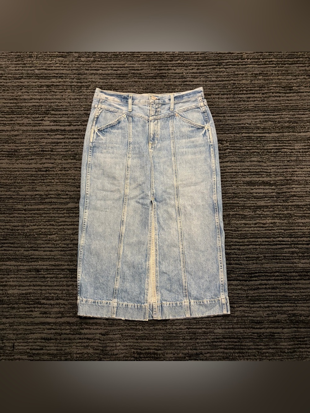 Amo panel midi distressed denim skirt